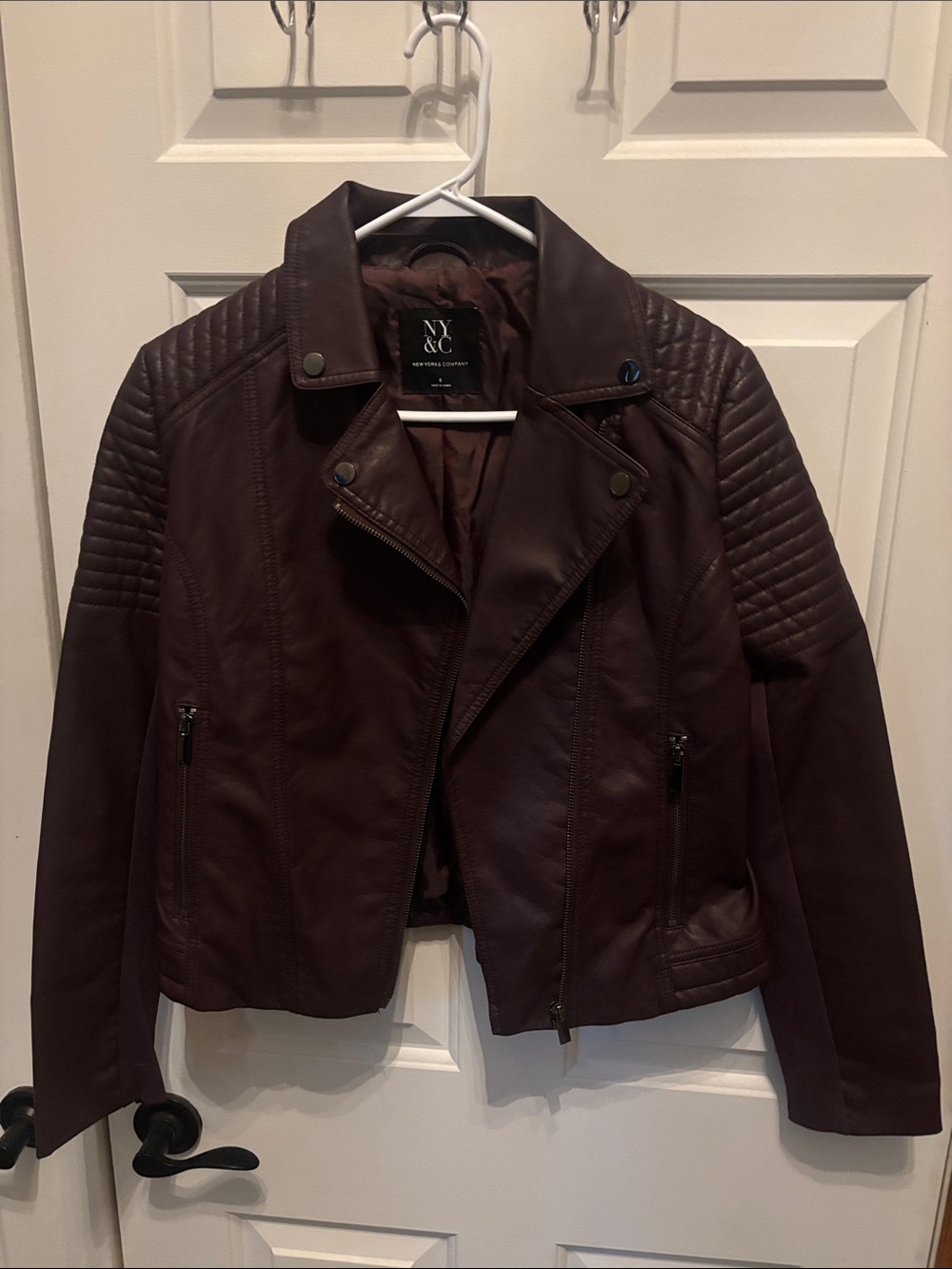 New York & Company Quilted Moto Faux Leather Jacket - Deep Burgundy